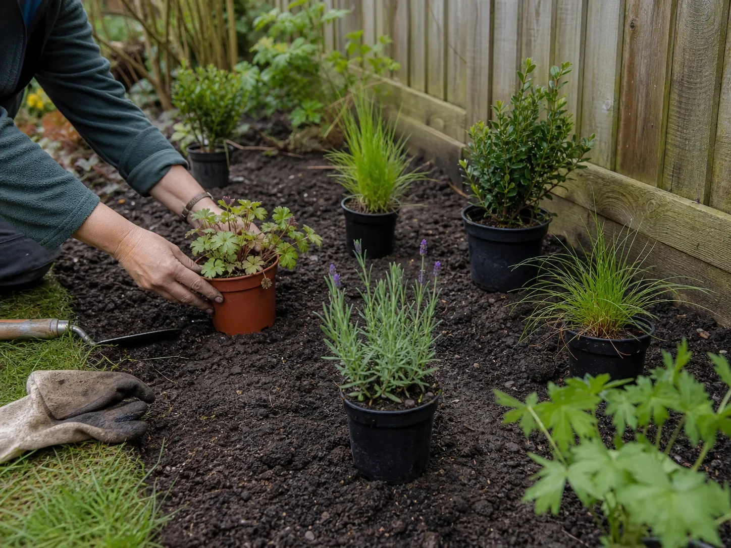 Hands spacing young nursery plants in a newly prepared garden border