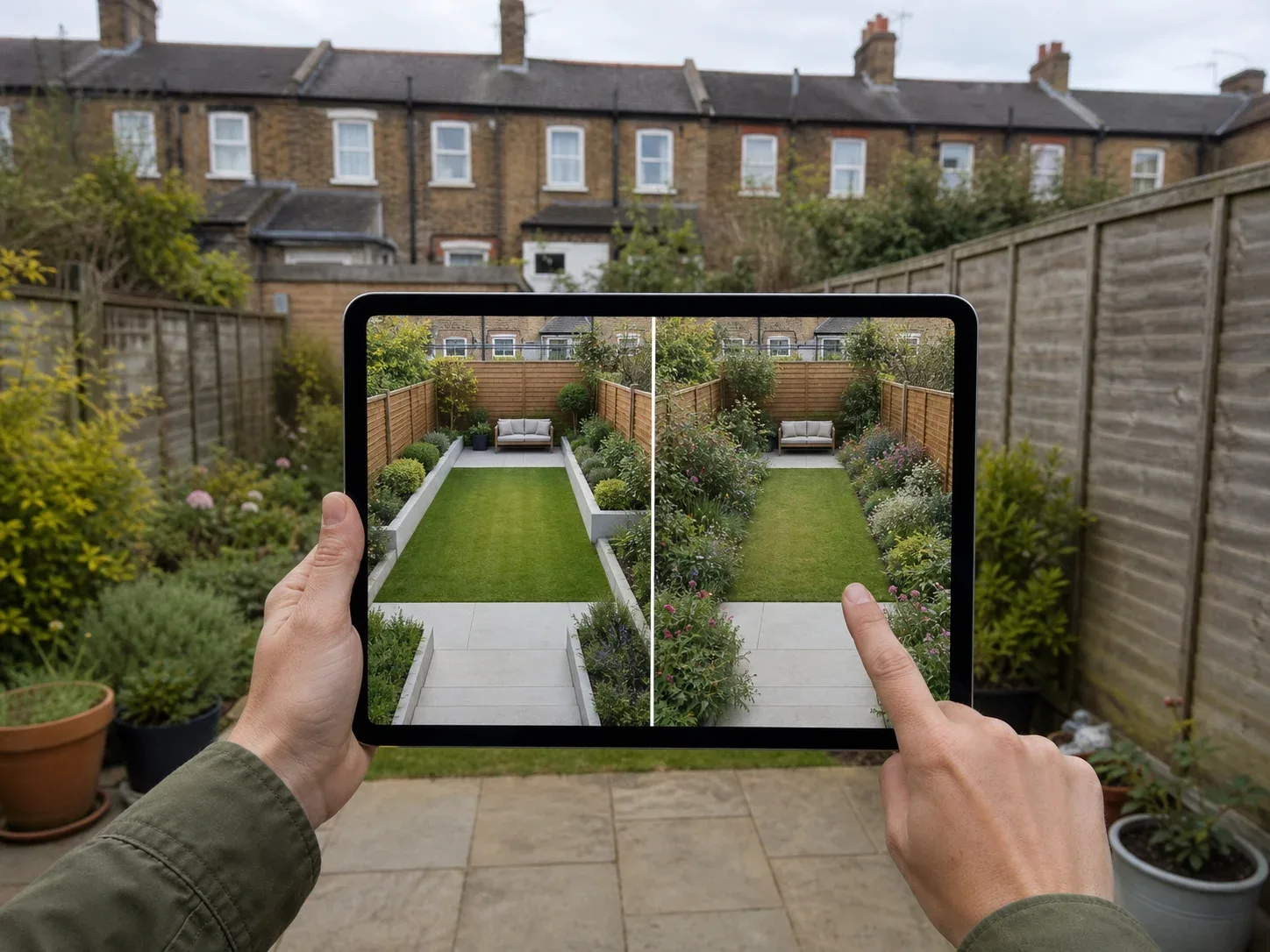 A tablet comparing contemporary and cottage garden redesigns