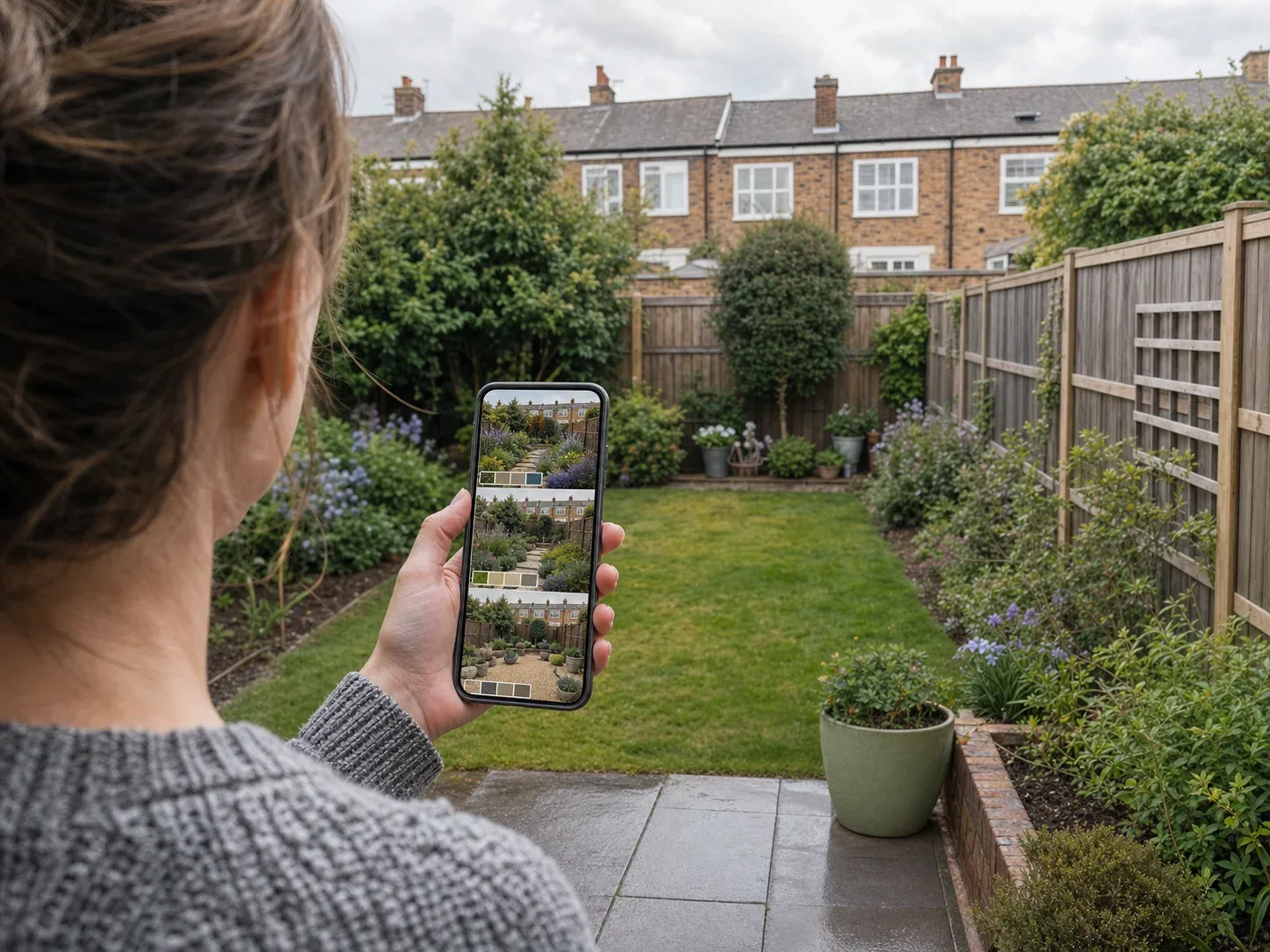A homeowner choosing garden design directions on a smartphone