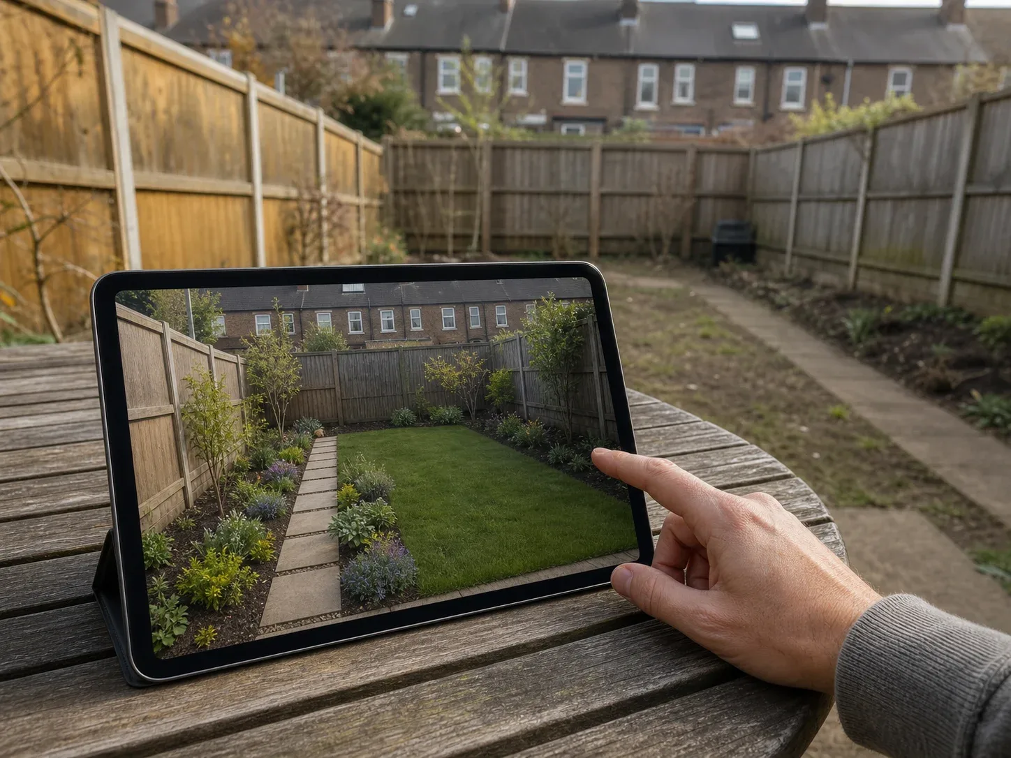 A tablet showing an AI-generated garden redesign