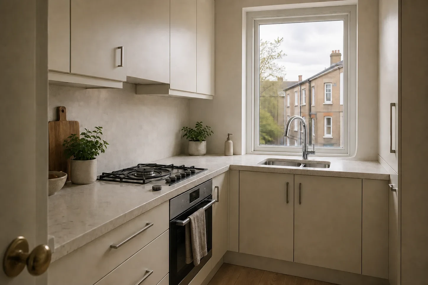 A convincing AI kitchen render with a floating handle, impossible hob, warped window joint and contradictory tap reflection
