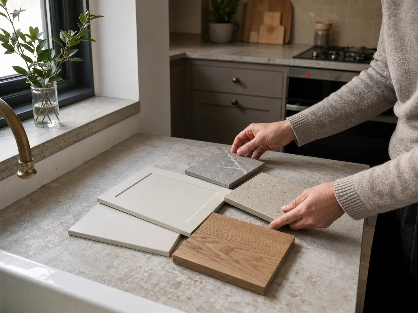 Hands comparing stone, painted cabinet and timber kitchen samples in daylight