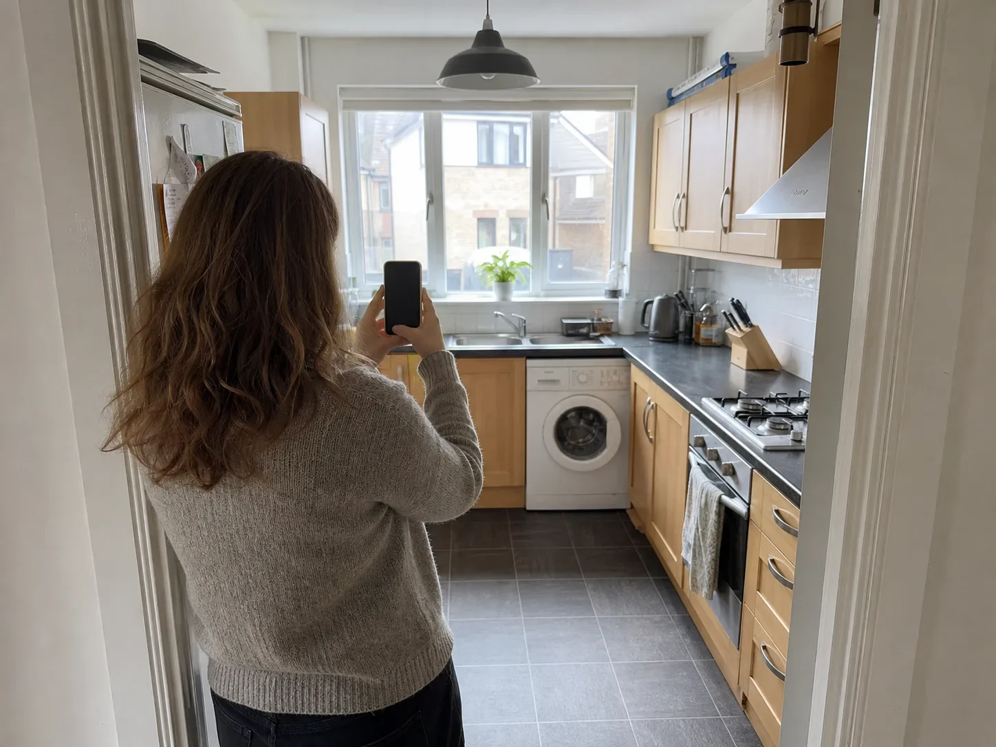 A homeowner photographing a compact kitchen from the doorway with a phone