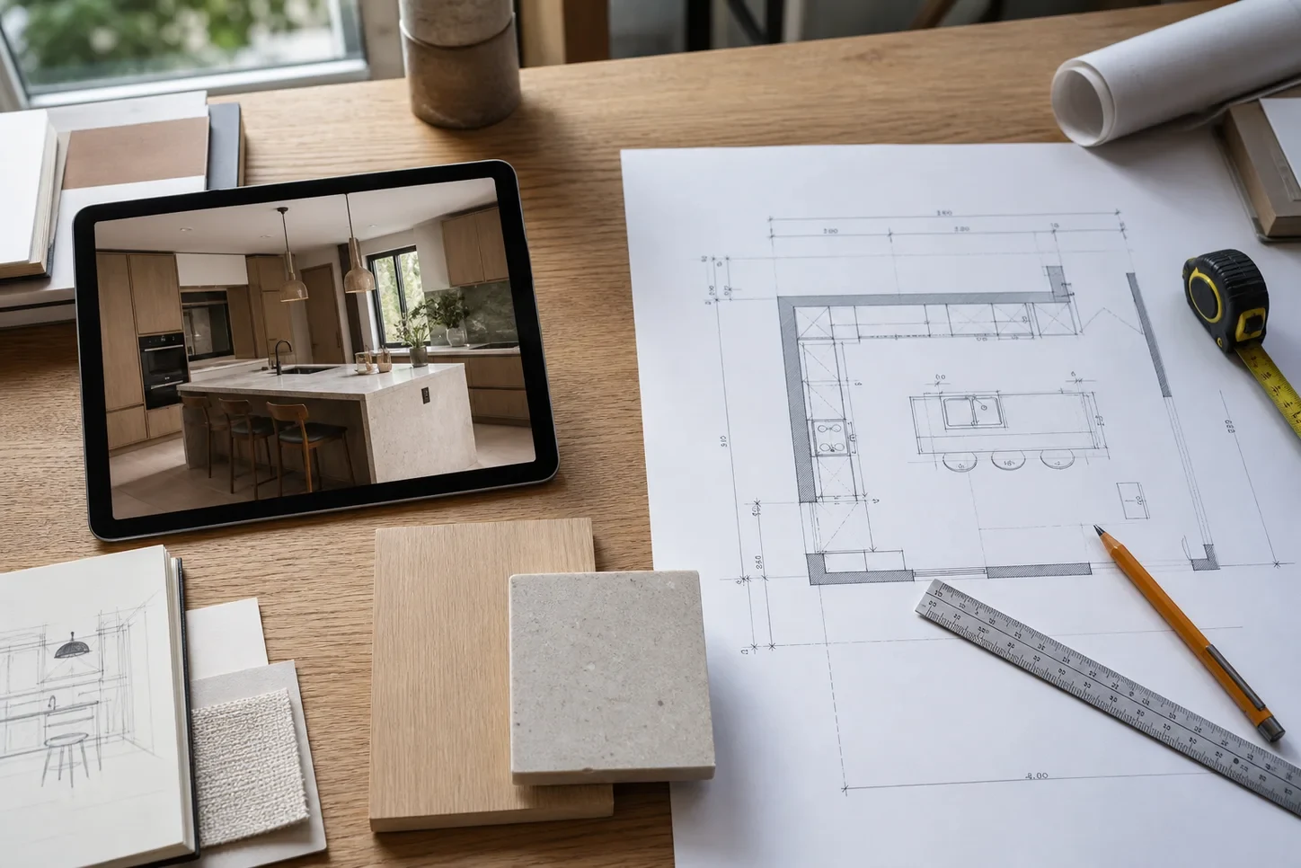 A tablet kitchen visual beside a measured floor plan, ruler, tape measure and material samples