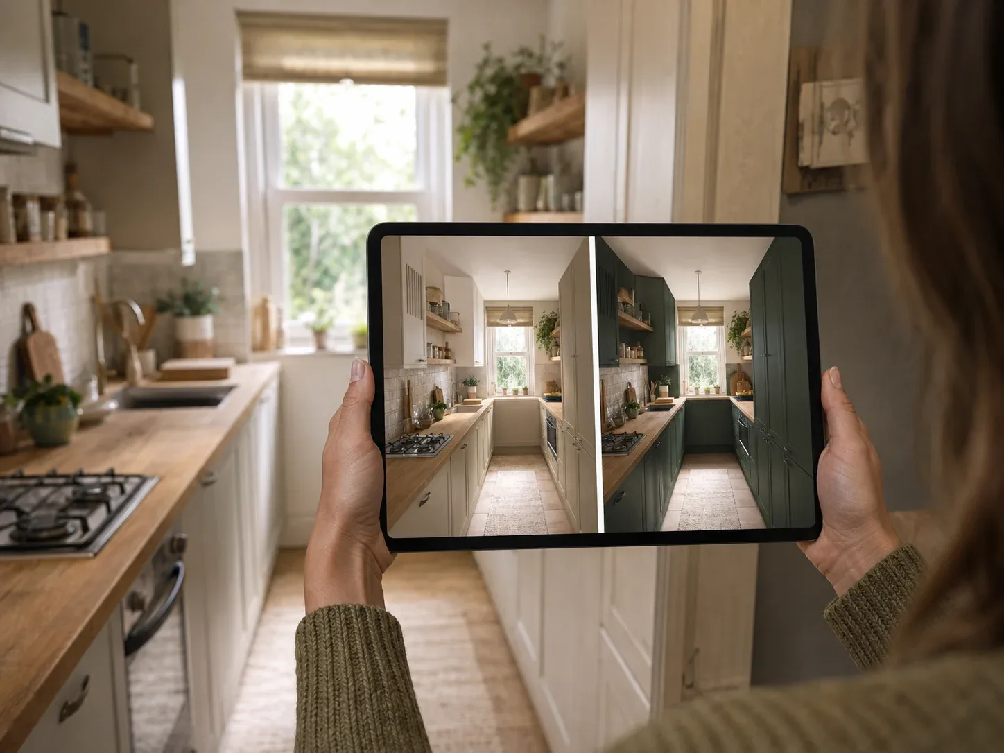 A tablet comparing two kitchen redesign directions