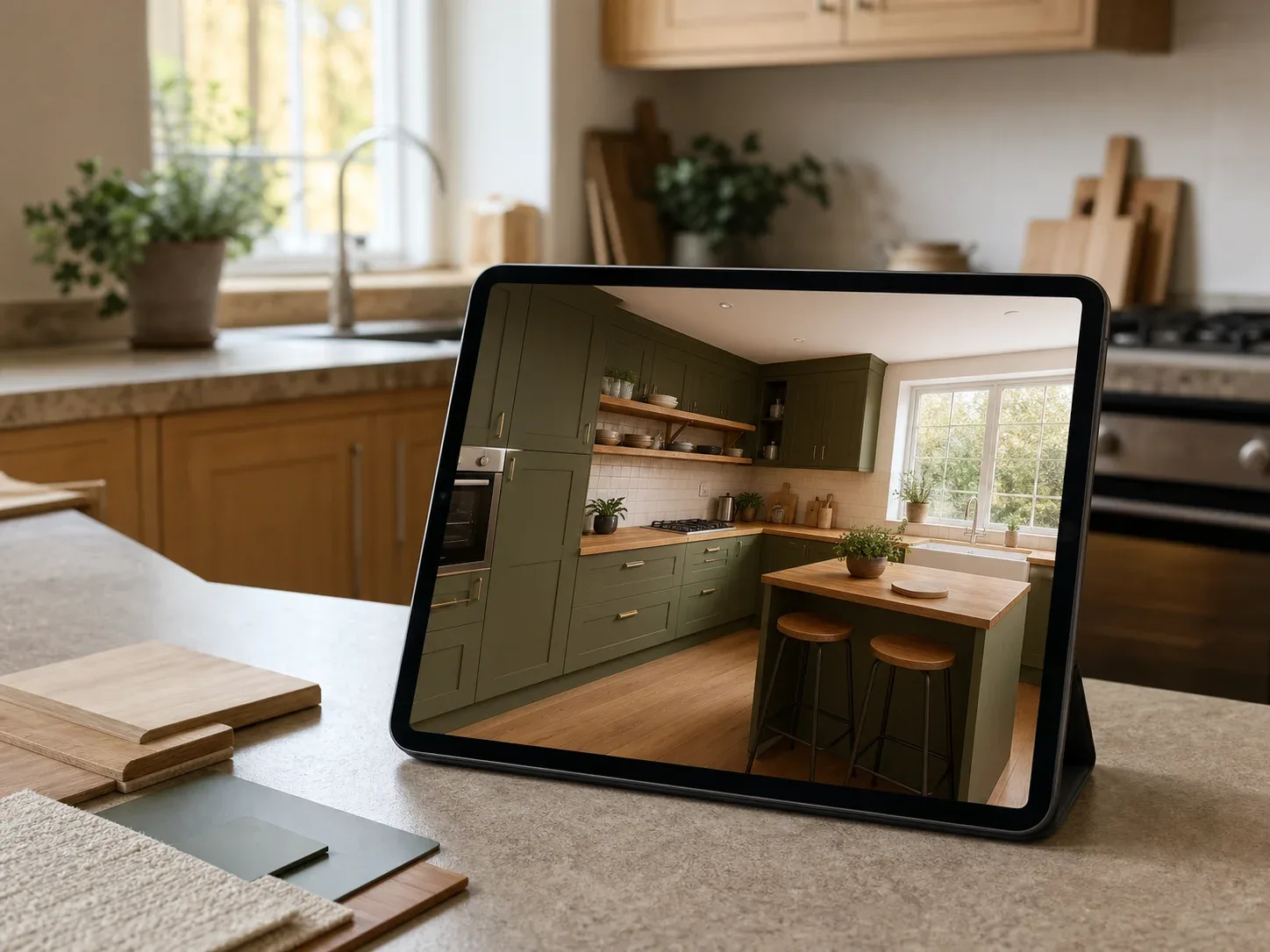 The same kitchen regenerated with new units, worktops and finishes