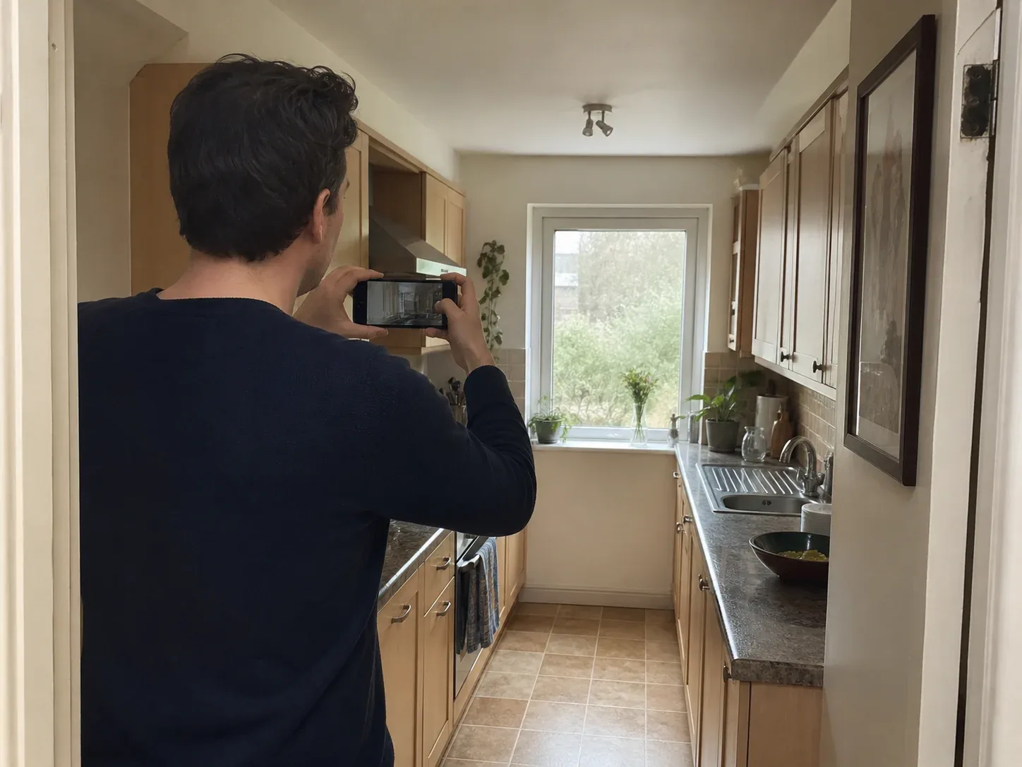 Kitchen photographed from the corner doorway before AI redesign